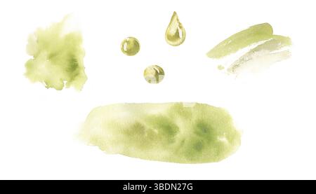 Abstrakte Spritzer und Strichset in grünen olivfarbenen Aquarellen. Handgezeichneter Pinselfleck isoliert auf weiß. Pastellgrüne Spritzer für Hintergrund, c Stockfoto