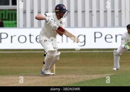 Leicester, United Kingdom, Leicester, Upton Steel County Ground, 25. Mai 2025, Luke Wells von Lancashire schlug während des dritten Tages der Rothesay County Championship Division 2 Spiel zwischen Leicestershire County Cricket Club und Lancashire County Cricket Club, Upton Steel County Ground Leicester. Stockfoto