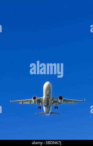 Das Flugzeug kommt zur Landung auf einem blauen Himmel Stockfoto