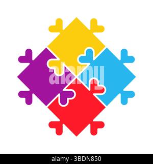Illustration Des Autismus-Awareness-Puzzle-Symbols. Vier farbige, ineinander greifende Puzzleteile, die in einer Rautenform angeordnet sind und das Bewusstsein für Autismus darstellen. Stock Vektor