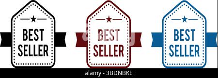 Bestseller-Symbol-Label-Abzeichen Logo-Seal-Stempelzeichen – Set aus schwarzen, roten und blauen Werbe-Tags für Marketing oder E-Commerce Stock Vektor