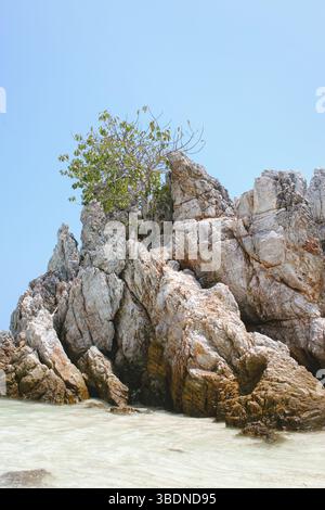 Malerischer Blick auf eine atemberaubende Kalksteininsel, die aus dem türkisfarbenen Wasser Thailands aufsteigt. Exotische tropische Meereslandschaft mit dramatischen Klippen, üppiger Gier Stockfoto