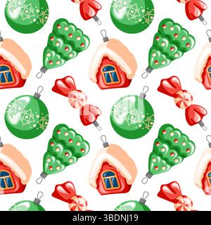 Nahtloses Weihnachtsmuster mit Baumdekorationsspielzeugen im Cartoon-Stil. Haus, Baum, Süßigkeiten, Ball. Ideal für weihnachtliche Textilien, Banner, Geschenkpapier Stock Vektor