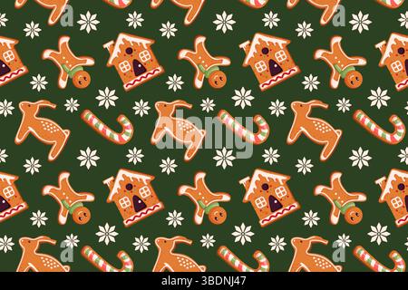 Nahtloses Weihnachts-Lebkuchen-Cookie-Muster mit Mann, Zuckerrohr, Rentier, Haus und Schneeflocke auf grünem Hintergrund. Illustration im Cartoon-Stil für Stock Vektor