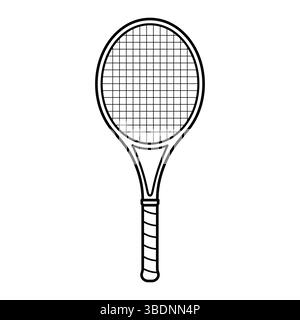 Tennis Racket Outline Vektor-Illustration. Das Design zeigt den klassischen ovalen Kopf mit einem Gitter aus Schnüren und einem detaillierten Griff. Stock Vektor