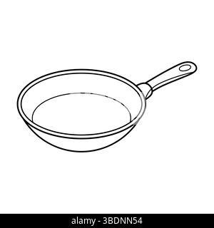 Umrissdarstellung Der Bratpfanne. Eine runde Pfanne mit einer glatten, abgerundeten Kante und einem langen Griff mit einer kleinen Schlaufe am Ende, ideal zum Aufhängen. Stock Vektor