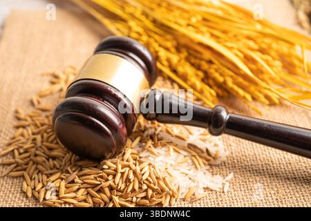 Beurteilen Sie den Hammer mit gutem Getreidreis von der landwirtschaftlichen Farm. Gesetz und Gericht Konzept. Stockfoto