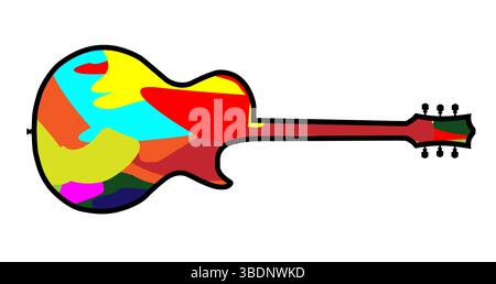 Traditionelle Silhouetten in Gitarrenform isoliert auf weißem Hintergrund mit abstraktem Farbklecksel-Hintergrund Stockfoto