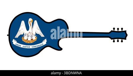 Traditionelle Gitarrenform-Silhouetten isoliert auf weißem Hintergrund mit der Louisiana-Staatsflagge Stockfoto