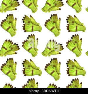 Kollektion Gartenwerkzeuge. Aquarellsymbole von Garten- und Bauernausrüstung, Schaufel, Töpfe, Setzlinge, nahtloses Muster auf weißem Hintergrund Stockfoto