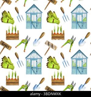 Kollektion Gartenwerkzeuge. Aquarellsymbole von Garten- und Bauernausrüstung, Schaufel, Töpfe, Setzlinge, nahtloses Muster auf weißem Hintergrund Stockfoto