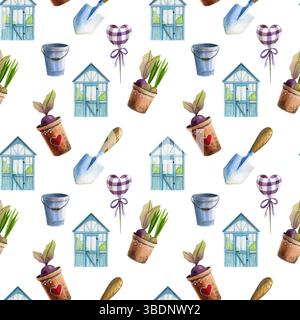 Kollektion Gartenwerkzeuge. Aquarellsymbole von Garten- und Bauernausrüstung, Schaufel, Töpfe, Setzlinge, nahtloses Muster auf weißem Hintergrund Stockfoto