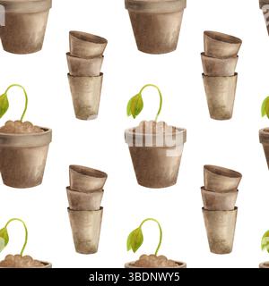 Kollektion Gartenwerkzeuge. Aquarellsymbole von Garten- und Bauernausrüstung, Schaufel, Töpfe, Setzlinge, nahtloses Muster auf weißem Hintergrund Stockfoto