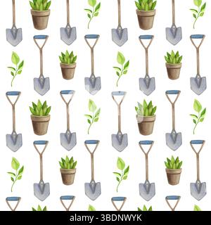 Kollektion Gartenwerkzeuge. Aquarellsymbole von Garten- und Bauernausrüstung, Schaufel, Töpfe, Setzlinge, nahtloses Muster auf weißem Hintergrund Stockfoto