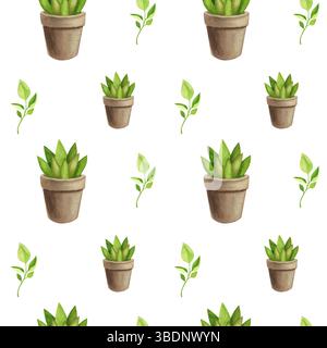 Kollektion Gartenwerkzeuge. Aquarellsymbole von Garten- und Bauernausrüstung, Schaufel, Töpfe, Setzlinge, nahtloses Muster auf weißem Hintergrund Stockfoto