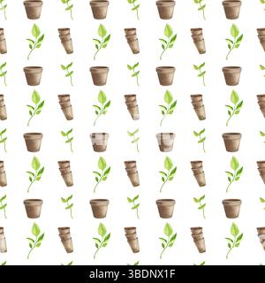 Kollektion Gartenwerkzeuge. Aquarellsymbole von Garten- und Bauernausrüstung, Schaufel, Töpfe, Setzlinge, nahtloses Muster auf weißem Hintergrund Stockfoto