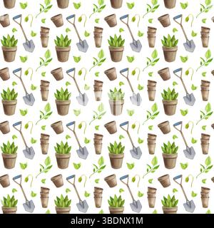 Kollektion Gartenwerkzeuge. Aquarellsymbole von Garten- und Bauernausrüstung, Schaufel, Töpfe, Setzlinge, nahtloses Muster auf weißem Hintergrund Stockfoto