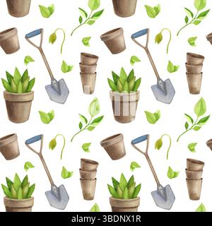 Kollektion Gartenwerkzeuge. Aquarellsymbole von Garten- und Bauernausrüstung, Schaufel, Töpfe, Setzlinge, nahtloses Muster auf weißem Hintergrund Stockfoto