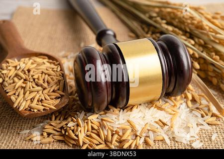 Beurteilen Sie den Hammer mit gutem Getreidreis von der landwirtschaftlichen Farm. Gesetz und Gericht Konzept. Stockfoto