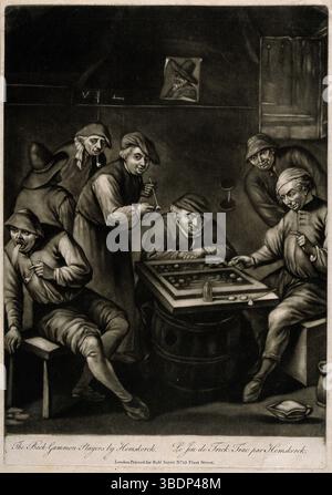 Zwei Männer spielen Backgammon auf einem Tonnentisch, während andere zusehen und rauchen. Mezzotint nach E. van Heemskirk. Ikonographische Sammlungen Schlagwörter: Egbert van Heemskerck Stockfoto