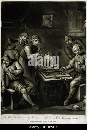 Zwei Männer spielen Backgammon auf einem Tonnentisch, während andere zusehen und rauchen. Mezzotint nach E. van Heemskirk. Ikonographische Sammlungen Schlagwörter: Egbert van Heemskerck Stockfoto