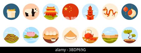 Reisen Sie nach China Set mit runden Aufklebern mit chinesischen Kulturelementen, Wahrzeichen und Speisen. Traditionelle Teezeremonie und Chinesische Mauer, alter Tempel und rote Laterne, Drachen-Cartoon-Vektor-Illustration Stock Vektor