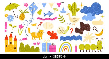 Kinderzeichnungen Set mit Buntstift und Kreide, Pastellkreide. Niedliche Farbbilder der Kindheit Fantasie, Schloss und Gartenblumen, Drachen und Kakteen, Vogel und Katze, Regenbogenvektor Illustration Stock Vektor