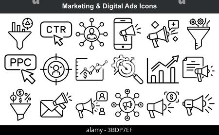 Symbole für digitale Werbeanzeigen für das Marketing setzen Zeilengrafiken Stock Vektor