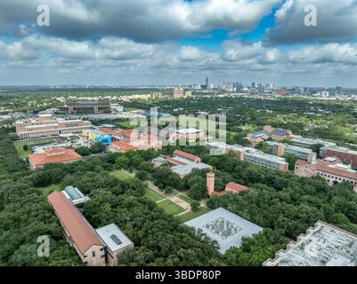 Luftaufnahme der Rice University in Houston Texas, Fondren Library, Anderson Hall, Welcome Center, Lovett College, Hanszen College Stockfoto