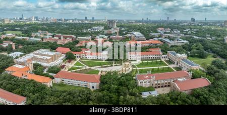 Luftaufnahme der Rice University in Houston Texas, Fondren Library, Anderson Hall, Welcome Center, Lovett College, Hanszen College Stockfoto