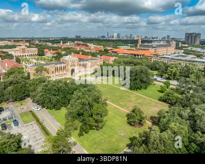 Luftaufnahme der Rice University in Houston Texas, Fondren Library, Anderson Hall, Welcome Center, Lovett College, Hanszen College Stockfoto