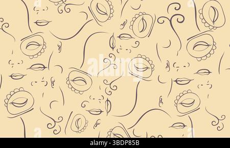 Das nahtlose Muster skizzierter Gesichter und Augen vor beigefarbenem Hintergrund verleiht Designs eine skurrile und künstlerische Note. Stock Vektor