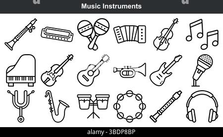 Grafikdesign der Kollektion „Musikinstrumente Line Icons“ Stock Vektor
