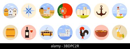 Reisen Sie nach Portugal mit runden Aufklebern mit portugiesischen Kulturelementen, Wahrzeichen und Speisen. Traditionelle Häuser in Porto, Pena Palast und Leuchtturm, Belem Tower Cartoon Vektor Illustration Stock Vektor