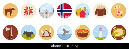 Reisen Sie nach Norwegen Set mit runden Aufklebern mit norwegischen Kulturelementen, Wahrzeichen und Speisen. Häuser von Bergen und Leuchtturm im Fjord, Helm, Axt und Schwert der wikinger Karikaturvektor Illustration Stock Vektor