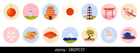 Reisen Sie nach Japan mit runden Aufklebern mit japanischen Kulturelementen, Wahrzeichen und Natur. Maneki Neko und alten Schrein, Teezeremonie und Sakura Blüte, Bonsai Baum Cartoon Vektor Illustration Stock Vektor