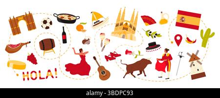 Reisen Sie nach Spanien, Flamenco-Tanz und Stierkämpfer, spanische Kulturelemente und Sehenswürdigkeiten, Essen auf der Route der Reise durch das Land. Gitarre und Kastanien, Sagrada Familia Cartoon Vektor Illustration Stock Vektor