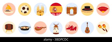 Reisen Sie nach Spanien mit runden Aufklebern mit spanischen Kulturelementen, Sehenswürdigkeiten und Speisen. Sagrada Familia und Flagge, Fan und Schuhe für Flamenco, iberischen Marmeladen und Wein Cartoon Vektor Illustration Stock Vektor