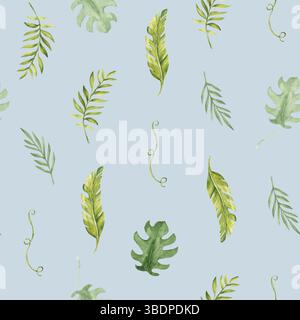 Tropische Blätter nahtloses Muster auf blauem Hintergrund. Palme, Eukalyptus und Monstera mit Liana. Aquarell handgezeichnete botanische Illustration. Für Stockfoto