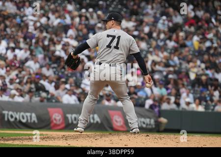 Mai 234 2025: Der New Yorker Pitcher Ian Hamilton (71) wirft während des Spiels mit den New York Yankees und den Colorado Rockies im Coors Field in Denver Co. David Seelig/Cal Sport Medi Stockfoto