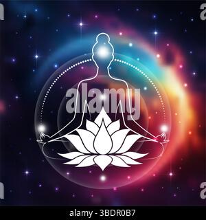 Chakras-Konzept, Frau sitzend in Lotusposition und meditierend. Heilige Lotusblume, Logo-Design, Symbol für Yoga, Spa, Schönheitssalon, Kosmetik, entspannen Stock Vektor