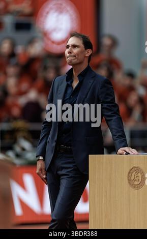 Paris, Frankreich. Mai 2025. Eine Zeremonie zu Ehren der Karriere von Rafael Nadal (ESP) während des Roland Garros 2025. Quelle: Corleve/Alamy Live News Stockfoto