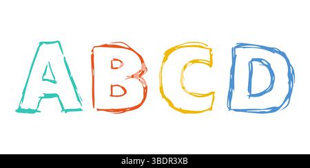 Handgezeichnete lateinische Buchstaben ABCD. Moderne Großbuchstaben und Schriftart. Mehrfarbige Symbole auf weißem Hintergrund. Vektorabbildung. Stock Vektor