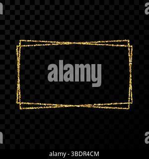 Goldener doppelter rechteckiger Rahmen. Moderner, glänzender Rahmen mit Lichteffekten auf dunklem transparentem Hintergrund. Vektorabbildung. Stock Vektor