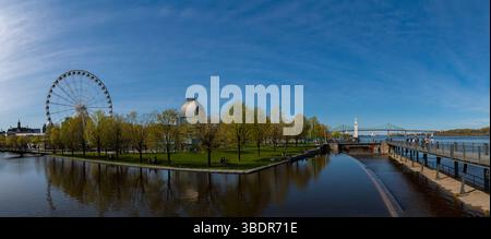 La Grande Roue, La Ronde Vergnügungspark, Sailors Memorial Clock Tower und Jacques Cartier Bridge. Stockfoto