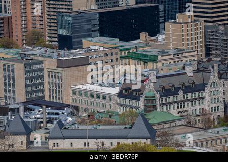 Ein Blick über Montreal vom Mont Royal in Kanada - mit den Wolkenkratzern, den Hochhäusern und dem St Lawrence River in der Innenstadt von Montreal. Stockfoto
