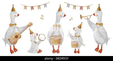 Aquarellset mit Gänsemännern, die Trommel, Gitarre, Trompete, Tambourin halten. Retro-Musikinstrumente. Handgezeichnete Illustration auf isoliertem Hintergrund Stockfoto