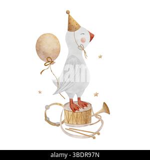 Aquarellganse in Vintage-Kappe mit Ballonständern auf Trommel, Musikinstrumente Trompete Tambourin. Handgezeichnete Illustration auf isoliertem Hintergrund Stockfoto