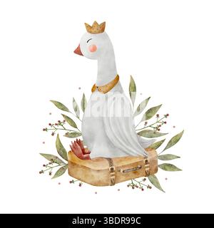 Aquarellgans auf Koffer im Vintage-Anzug, Blätter Zweige Beeren. Handgezeichnete Illustration isoliert auf Hintergrund im Kinderstil für Design Stockfoto