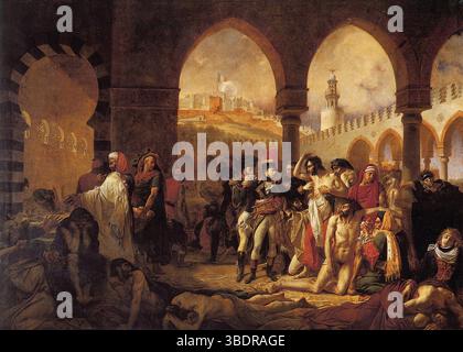 Bonaparte besucht die Pestopfer von Jaffa. Ein Bonaparte Visitant les pestiférés de Jaffa, Öl auf Leinwand. Antoine-Jean Gros; 16. März 1771 – 25. Juni 1835) war ein französischer Maler historischer Themen. 1824 erhielt er den Titel Baron Gros. Gros studierte bei Jacques-Louis David in Paris und begann eine unabhängige künstlerische Karriere während der Französischen Revolution. Gros musste Frankreich verlassen und zog nach Genua. Sein Porträt des französischen Kommandeurs Napoleon Bonaparte in der Schlacht von Arcole im Jahr 1796 brachte Gros in die Öffentlichkeit und erlangte die Schirmherrschaft Napoleons. Nach der Reise mit Napoelon Stockfoto